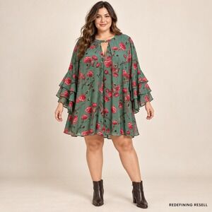 Umgee Plus Green Floral Tiered Bell Sleeve Tunic Top Mini Dress Keyhole Neck